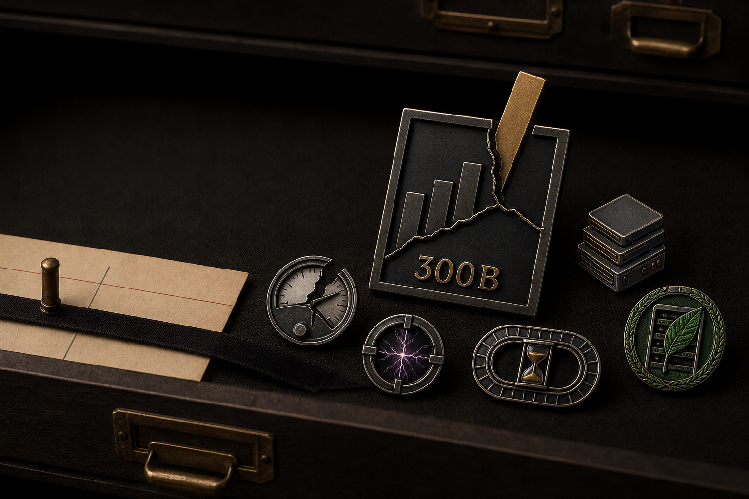 Archival collector drawer holding the hero 300B badge and five representative family badges